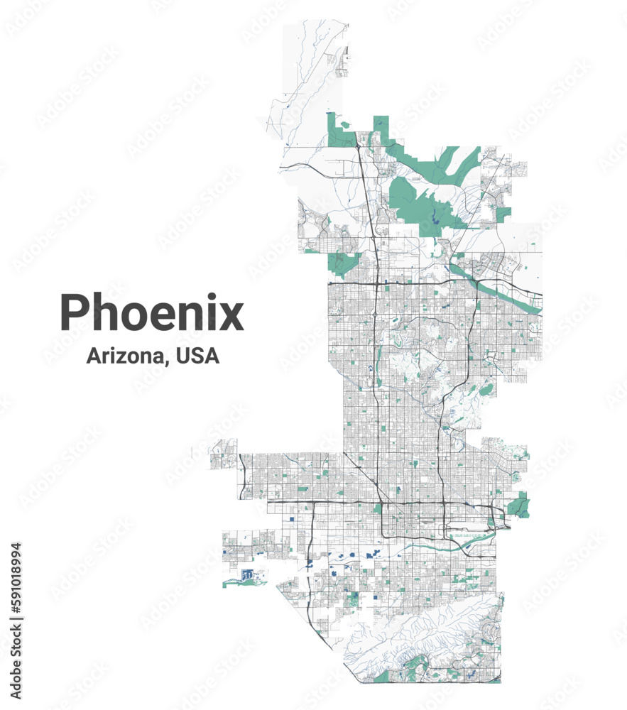 Phoenix map, capital city of the USA state of Arizona. Municipal administrative area map with buildings, rivers and roads, parks and railways. Phoenix map, capital city of the USA state of Arizona. Municipal administrative area map with buildings, rivers and roads, parks and railways.