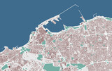 Tripoli map. Detailed map of Tripoli city administrative area. Cityscape urban panorama. Outline map with buildings, water, forest.