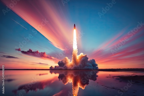 rocket launch at sunrise, with fiery streaks of orange and pink against the blue sky, created with generative ai