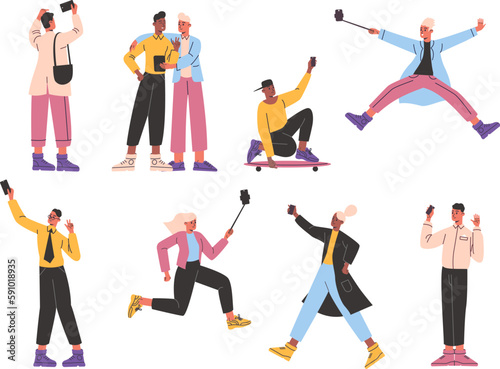 People take selfies. Cartoon characters are photographed on smartphones. Front camera pictures. Mobile technology. Phone snapshots. Men and women making photos. Vector posing persons set