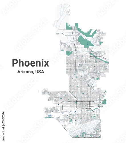 Phoenix map, capital city of the USA state of Arizona. Municipal administrative area map with buildings, rivers and roads, parks and railways.