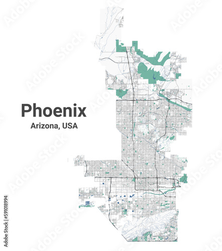 Phoenix map  capital city of the USA state of Arizona. Municipal administrative area map with buildings  rivers and roads  parks and railways.