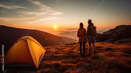 Adventurer couple camping outdoors. Generative AI