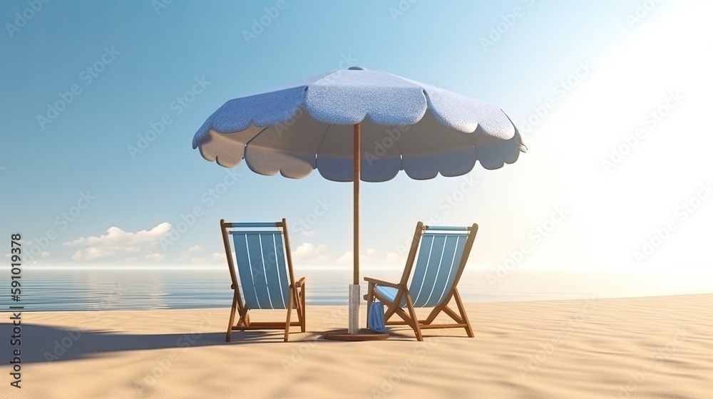 Beach umbrella with two chairs on the sand. Generative AI