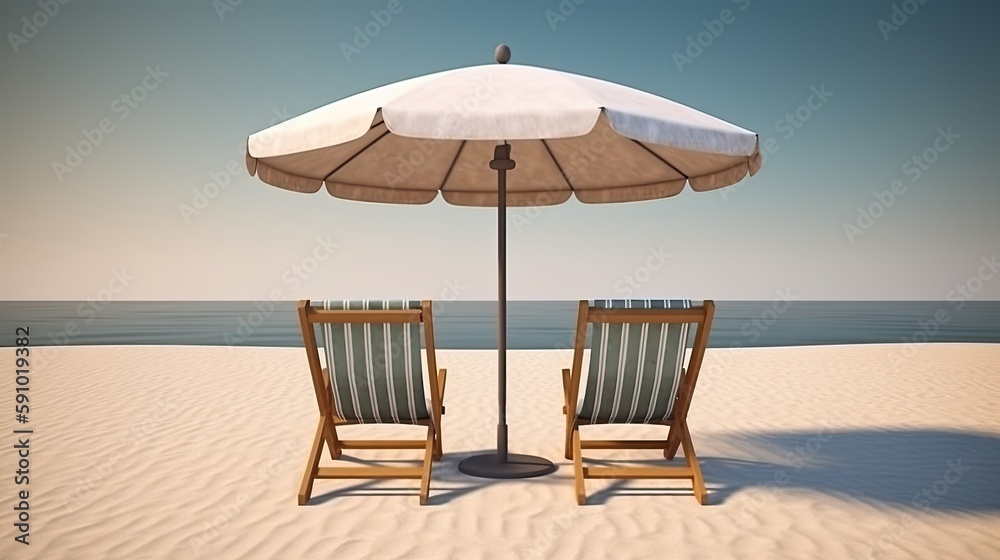 Beach umbrella with two chairs on the sand. Generative AI