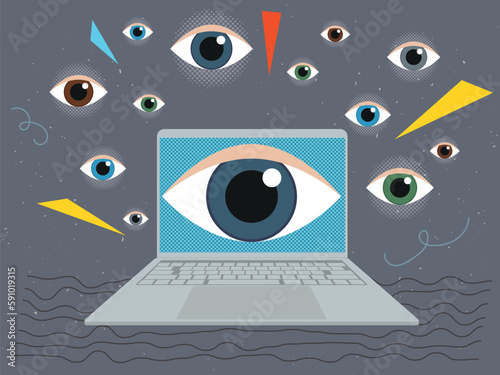Open laptop and many eyes - surveillance concept. Vector illustration in collage style