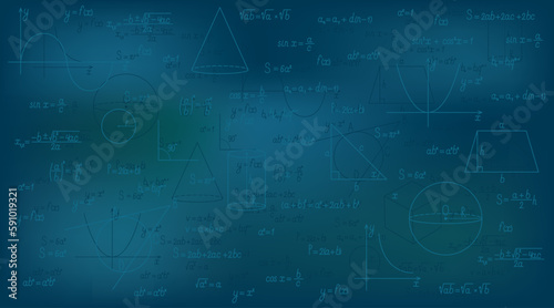 Mathematical formulas and graphs on the blue background. Vector illustration