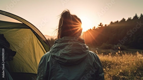 Adventurer woman camping outdoors. Generative AI © AdriFerrer