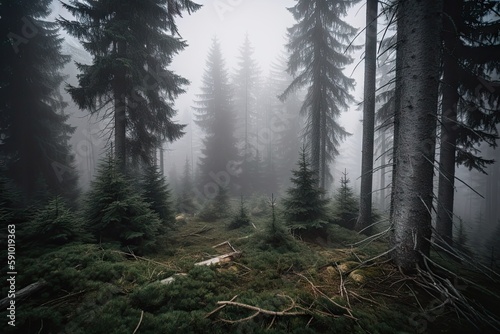 spruce forest in the fog, with ethereal atmosphere, created with generative ai