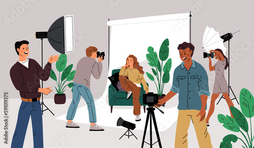 Photo studio. Young beautiful girl poses for beginners and professional photographers. Photographic backstage shooting and spotlights. Cameraman taking snapshots. Garish vector concept