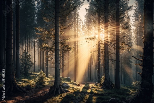 spruce forest at sunrise  with rays of sunlight filtering through the trees  created with generative ai