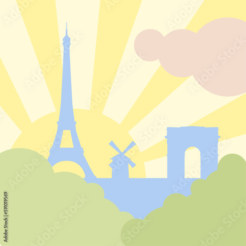 Vector paris silhouettes of the eiffel tower, arches and red mill on the background of the sun retro style flat