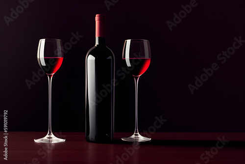 Glass and bottle of red wine on a black background.