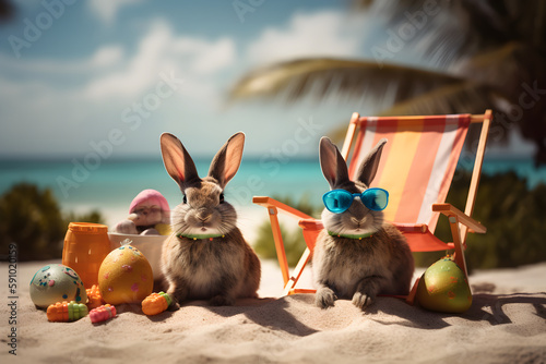 Bunny Paradise on the Beach and Easter Eggs. Generative AI