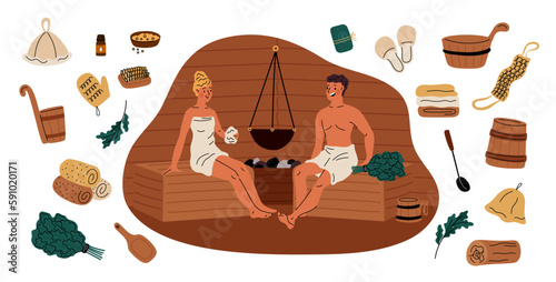 Sauna elements. Spa procedure. Bath accessories. Washcloth and oak brooms. People relaxing in hats and towels. Body detox. Couple is steaming. Bathhouse relaxation. Garish vector set