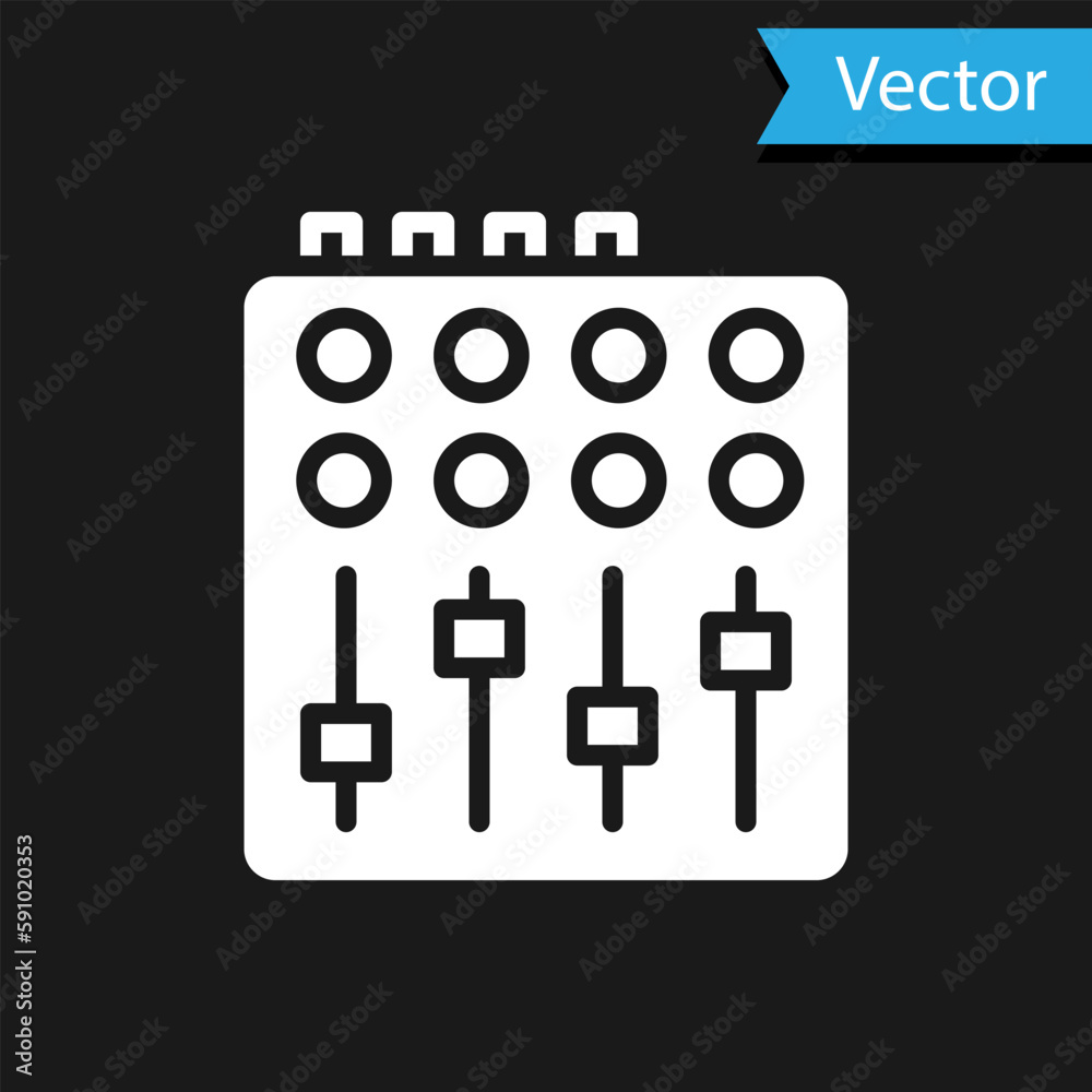 White Sound mixer controller icon isolated on black background. Dj equipment slider buttons. Mixing console. Vector White Sound mixer controller icon isolated on black background. Dj equipment slider buttons. Mixing console. Vector