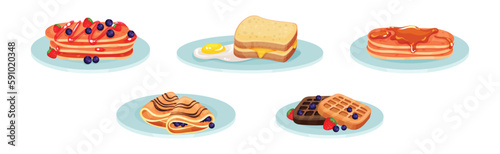 Appetizing and Tasty Breakfast Served Meal and Food Vector Set