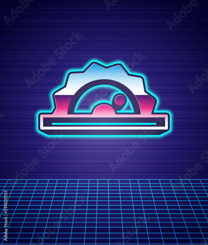 Retro style Electric circular saw with steel toothed disc icon isolated futuristic landscape background. Electric hand tool for cutting wood or metal. 80s fashion party. Vector