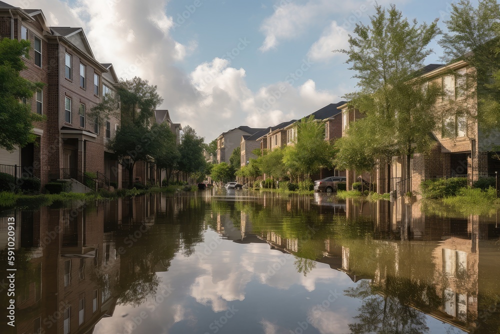 flooding in a residential neighborhood due to climate change, created with generative ai