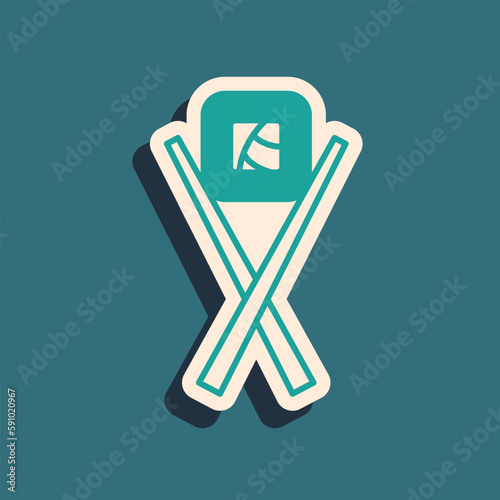 Green Sushi with chopsticks icon isolated on green background. Traditional Japanese food. Long shadow style. Vector