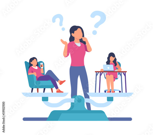 Woman makes difficult choice between work and rest. Person thinking about job and leisure. Girl relaxing in armchair or sitting at computer table. Comparison scales. Vector concept