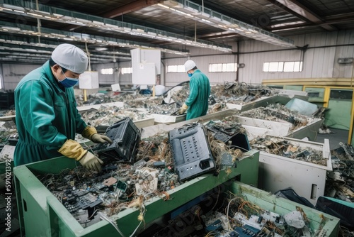 e-waste recycling plant, with workers sorting and dismantling used electronics, created with generative ai photo