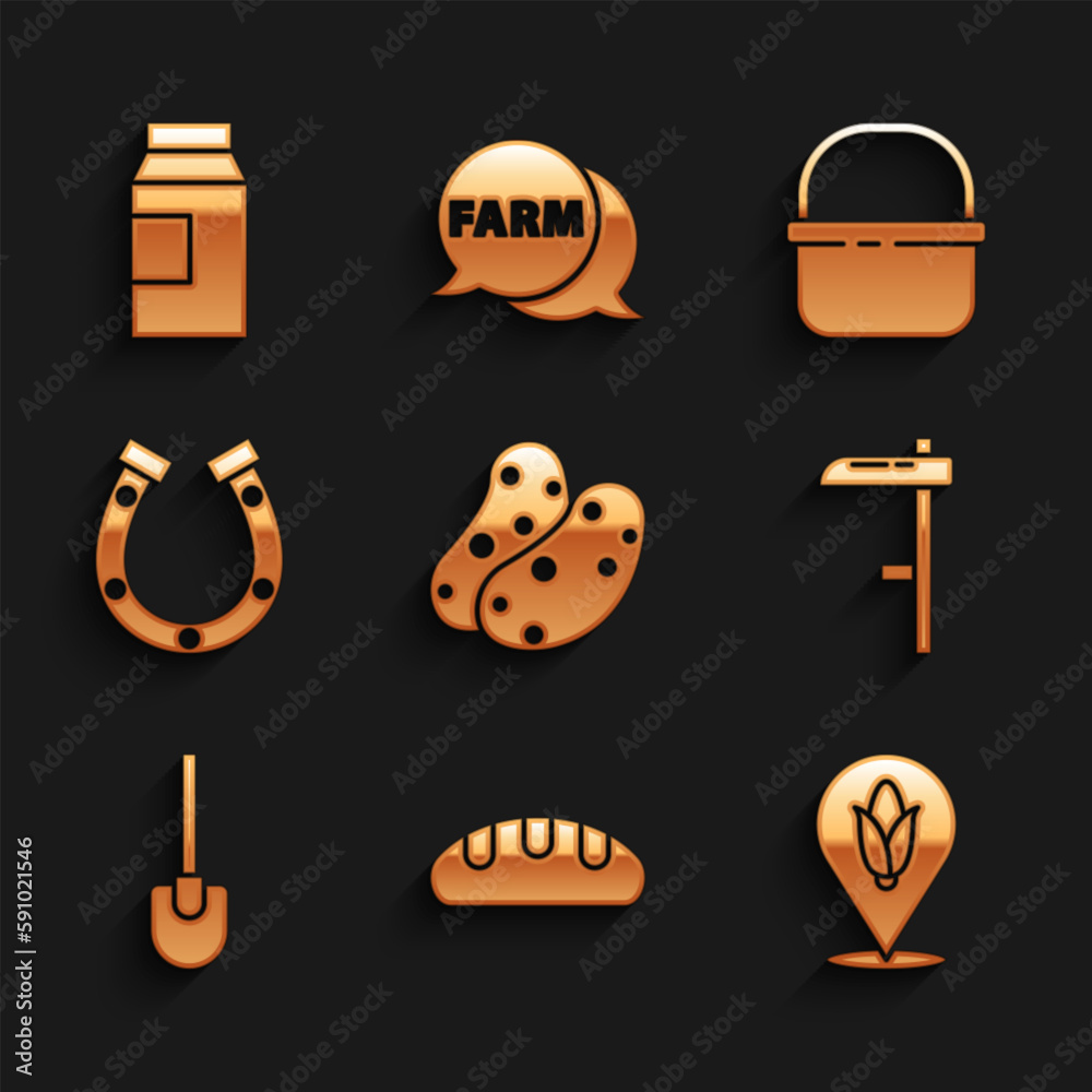Set Potato, Bread loaf, Location corn, Scythe, Shovel, Horseshoe, Basket and Paper package for milk icon. Vector Set Potato, Bread loaf, Location corn, Scythe, Shovel, Horseshoe, Basket and Paper package for milk icon. Vector