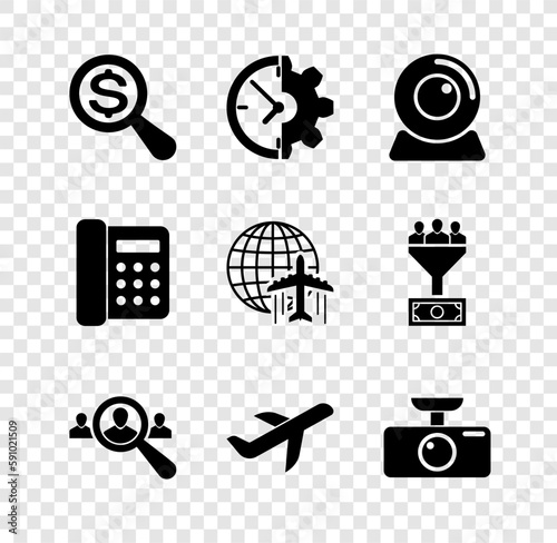 Set Magnifying glass and dollar, Clock gear, Web camera, for search people, Plane and Car DVR icon. Vector
