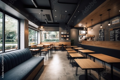fast food restaurant with modern decor and clean lines, featuring sleek furniture and minimalist design, created with generative ai © Natalia