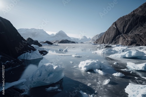 freezing fiord, with view of massive glacier in the distance, created with generative ai