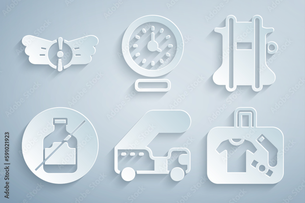 Set Passenger ladder, Parachute, No alcohol, Suitcase, Clock and Aviation emblem icon. Vector Set Passenger ladder, Parachute, No alcohol, Suitcase, Clock and Aviation emblem icon. Vector
