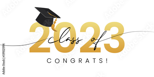 Class of 2023, word lettering script banner. Congrats Graduation lettering with academic cap. Template for design party high school or college, graduate invitations.