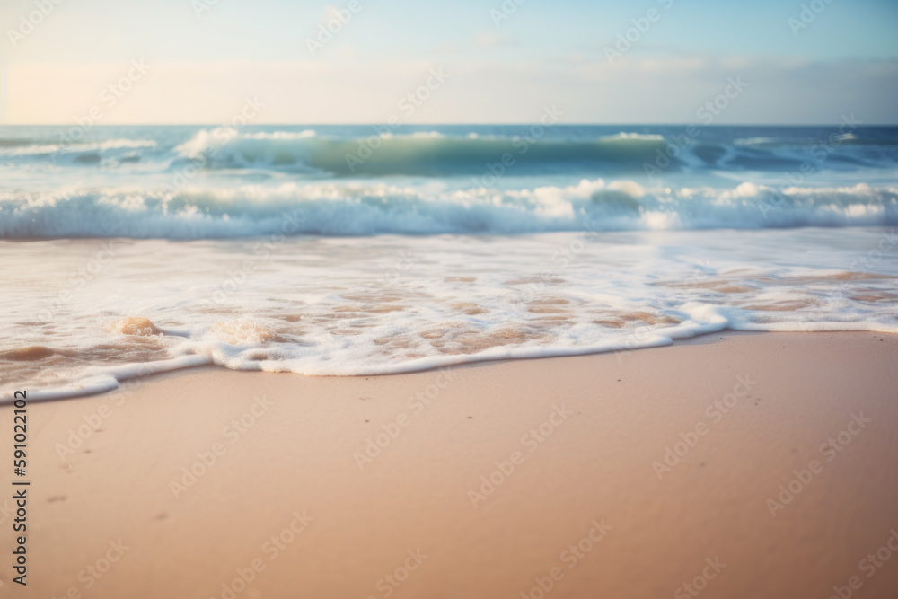 Foamy Ocean Wave on Sandy Shore, Serene Beach Background, Generative AI Foamy Ocean Wave on Sandy Shore, Serene Beach Background, Generative AI
