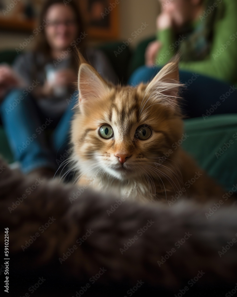 Portrait of a Beautiful Striped Domestic Cat with Green Eyes, Soft Focus, Generative AI