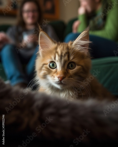 Portrait of a Beautiful Striped Domestic Cat with Green Eyes  Soft Focus  Generative AI