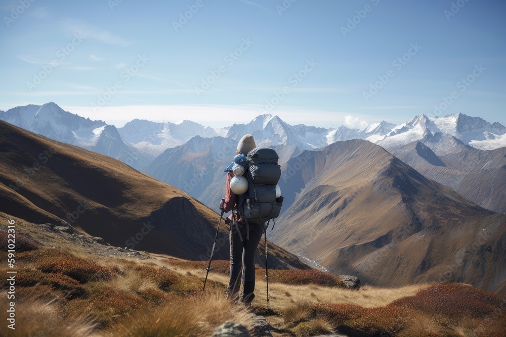 hiker, with view of snow-capped mountain range, wearing backpack and trekking poles, created with generative ai hiker, with view of snow-capped mountain range, wearing backpack and trekking poles, created with generative ai