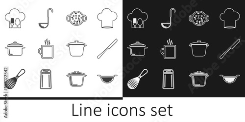 Set line Kitchen colander, Knife, Cooking soup in pot, Coffee cup, Chef hat with fork spoon, and ladle icon. Vector