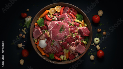 Healthy fresh pet food ingredients on a rustic floor including raw meat in a bowl, a large bone, vegetables , eggs and grains. Generative AI technology