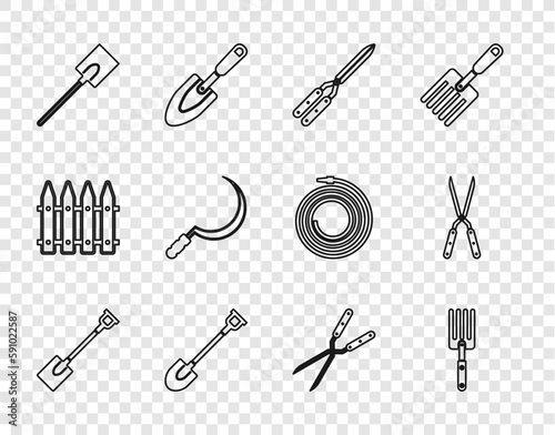 Set line Garden shovel, fork, Gardening handmade scissor, Sickle, and icon. Vector