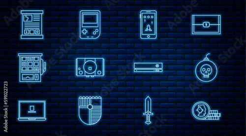 Set line Coin for game, Bomb ready to explode, Mobile and playing, Video console, Slot machine, Game guide, and Portable video icon. Vector