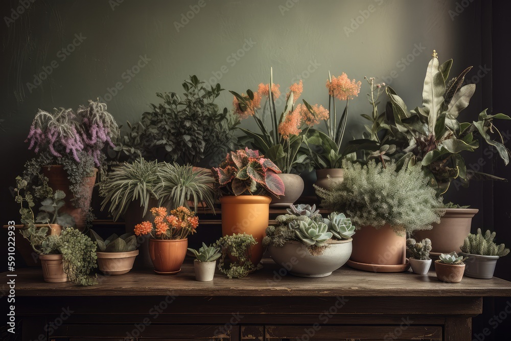 a colorful arrangement of potted plants, on a wooden table, created with generative ai a colorful arrangement of potted plants, on a wooden table, created with generative ai