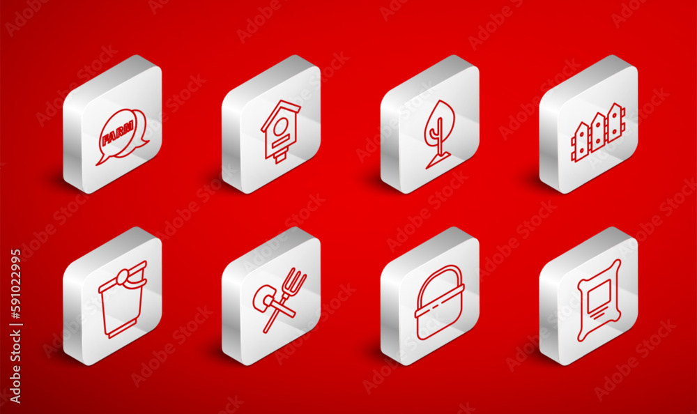 Set line Fertilizer bag, Bird house, Tree, Garden fence wooden, Basket, Speech bubble with Farm, Shovel and rake and Bucket icon. Vector Set line Fertilizer bag, Bird house, Tree, Garden fence wooden, Basket, Speech bubble with Farm, Shovel and rake and Bucket icon. Vector
