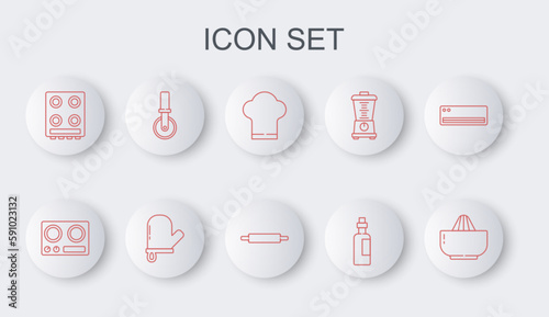 Set line Citrus fruit juicer, Gas stove, Chef hat, Bottle of olive oil, Pizza knife, Oven glove and Rolling pin icon. Vector