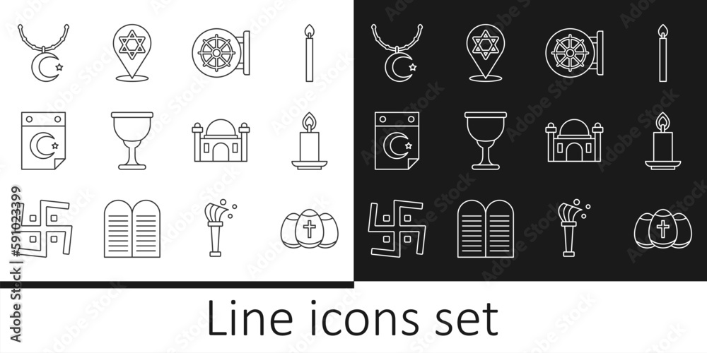 Set line Easter egg, Burning candle, Dharma wheel, Holy grail or chalice, Star crescent, on chain, Muslim Mosque and of David icon. Vector