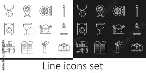 Set line Easter egg, Burning candle, Dharma wheel, Holy grail or chalice, Star crescent, on chain, Muslim Mosque and of David icon. Vector