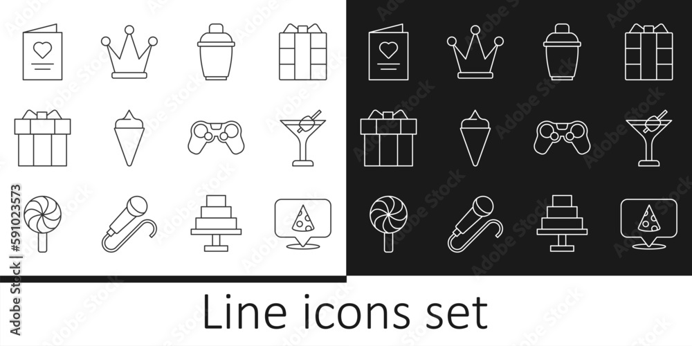 Set line Slice of pizza, Martini glass, Cocktail shaker, Ice cream waffle cone, Gift box, Postcard with heart, Gamepad and Crown icon. Vector