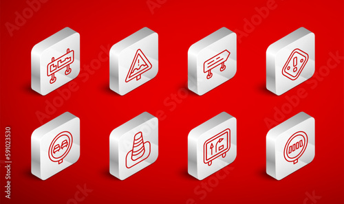 Set line Pedestrian crosswalk, Uneven road ahead sign, Road traffic, Exclamation mark in triangle, Traffic cone and No overtaking icon. Vector