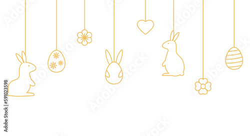 Easter banner with gold hanging baubles. Happy Holiday background with bunny, eggs, flowers, hearts line art icons. Spring pattern. Festive cartoon border. Greeting card frame. Vector illustration