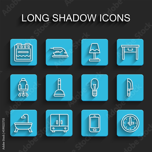 Set line Bathtub, Wardrobe, Oven, Mobile phone, Clock, Rubber plunger, Knife and Light bulb icon. Vector