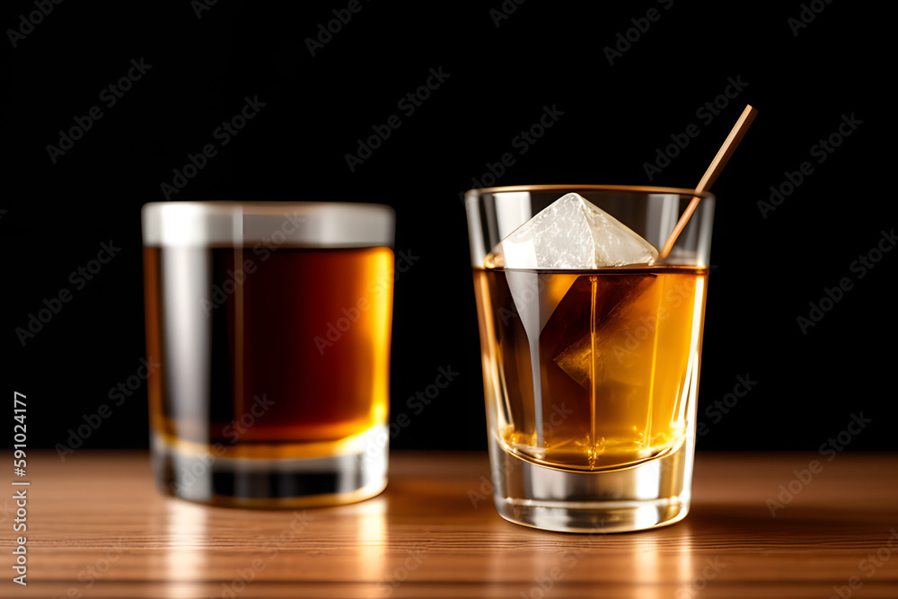 Glass of aged alcoholic scotch whiskey on wooden table and black background Glass of aged alcoholic scotch whiskey on wooden table and black background